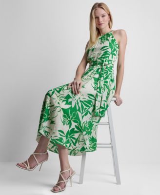 Women's Sleeveless Halter Neck Belted Fit and Flare Maxi Dress