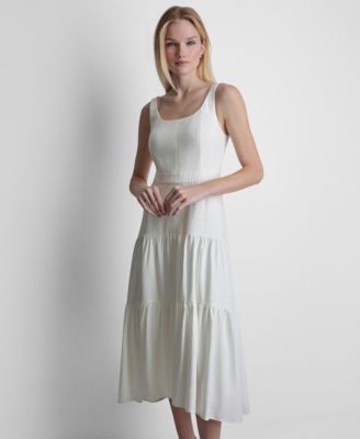 Women's Sleeveless Square Neck Tiered Linen Midi Dress