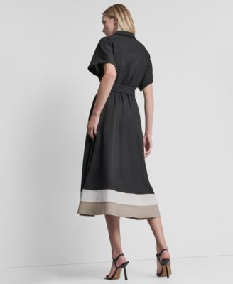 Women's Short-Sleeve Collared Neck Buckle Belt Midi Shirt Dress