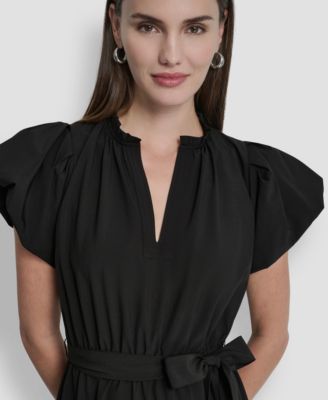 Women's Puff-Sleeve V-Neck Tiered Knee-Length Dress