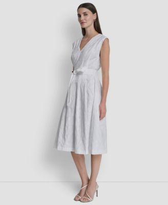 Women's Cap-Sleeve V-Neck Embroidered Midi Dress