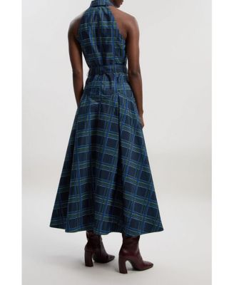 Women's Check Taffeta Belted Maxi Shirt Dress