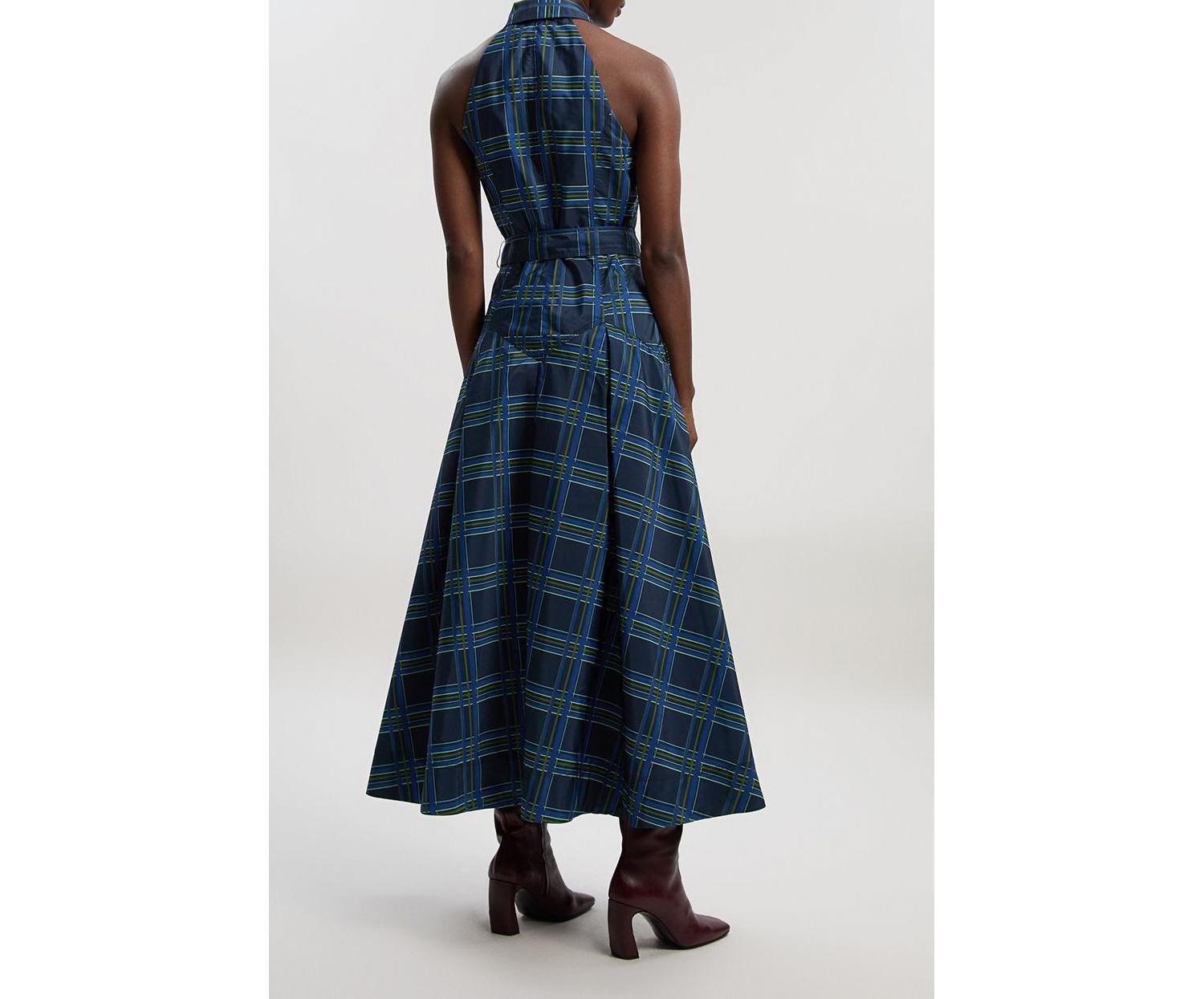 Women's Check Taffeta Belted Maxi Shirt Dress