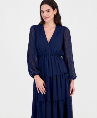 Women's Long-Sleeve V-Neck Tiered Maxi Dress