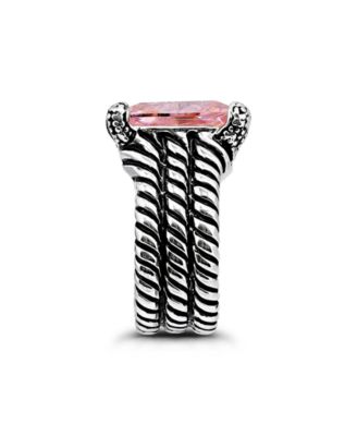 Pink Emerald Cut Cubic Zirconia Center Stone Oxidized Twist Rope Band Statement Ring