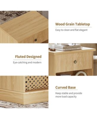 Fluted Nightstand with Drawer, Mid Century Modern Bedside Table Light Wood Nightstand with Storage