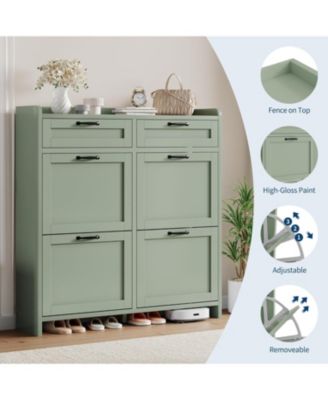 Shoe Cabinet with 4 Flip Drawers & 2 Top Drawers, Wooden Shoe Organizer Cabinet with Adjustable Shelf