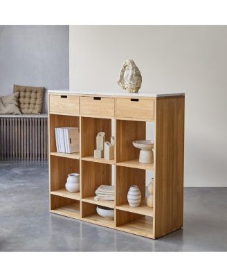 Miho low bookcase in solid oak and white premium terrazzo