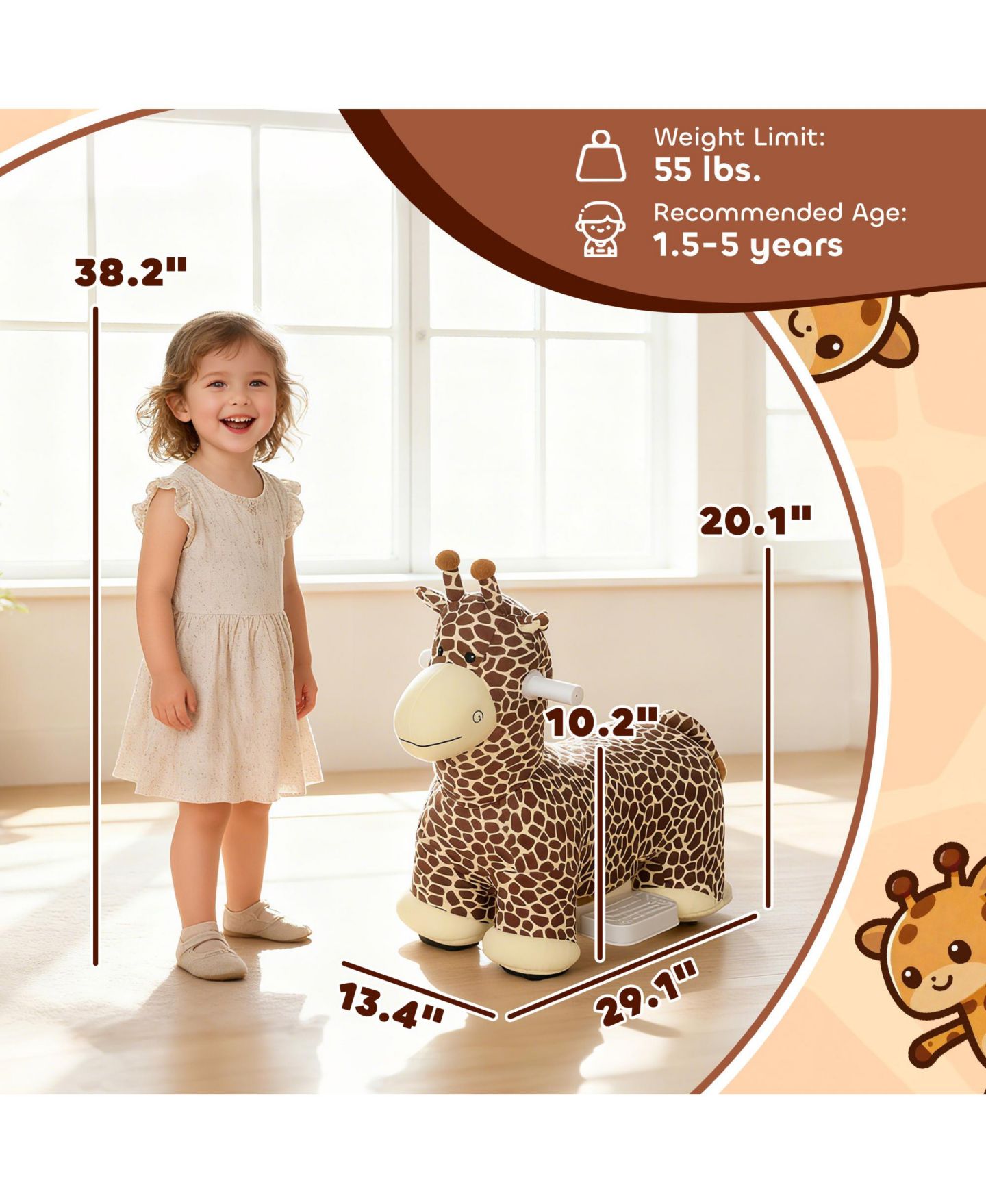 Детская игрушка Qaba 6V Kids Ride On Horse Electric Music Giraffe Ride-On, 55 lbs., Ages 1.5-5 Years, цвет: Коричневый — фото 3