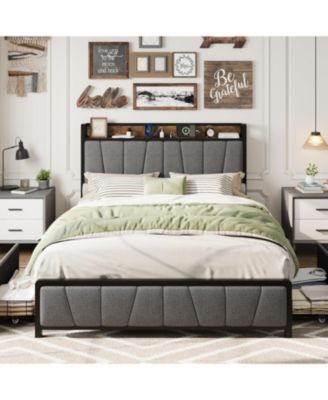 Full Size Bed Frame with Storage Headboard, 2 Drawers & Charging Station, Linen Upholstered