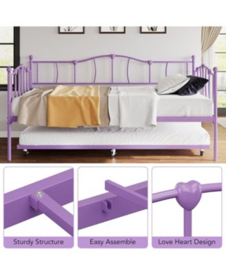 Twin Daybed with Trundle, Metal Sofa Bed Frame with Steel Slat Support, Love Heart Design, No Box Spring
