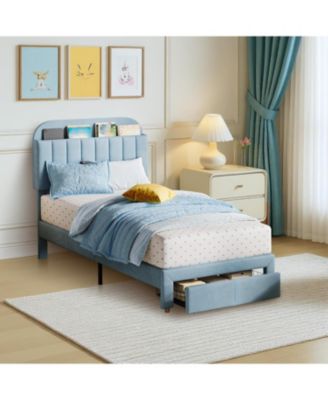 Bed Frame Velvet Platform Bookcase Headboard Kids Girls Steel Legs Easy Build Noise Free.