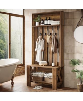 Hall Tree with Shoe Bench and Shoe Storage, 70.8" Tall Freestanding Coat Rack with Hooks