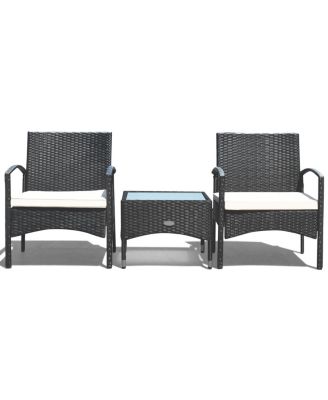 3 PCS Furniture Set Table & 2 Chair Patio Wicker Rattan W/Cushion
