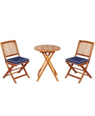 3PCS Patio Folding Wooden Bistro Set Cushioned Chair Conversation
