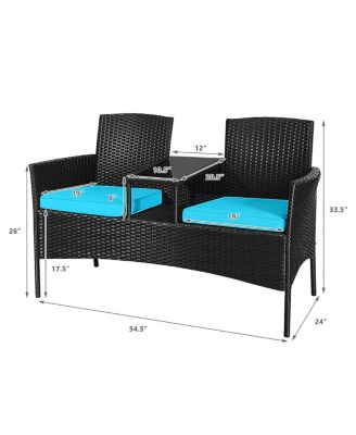 Patio Rattan Loveseat Sofa Cushioned Coffee Table