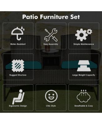 Patio Rattan Loveseat Sofa Cushioned Coffee Table