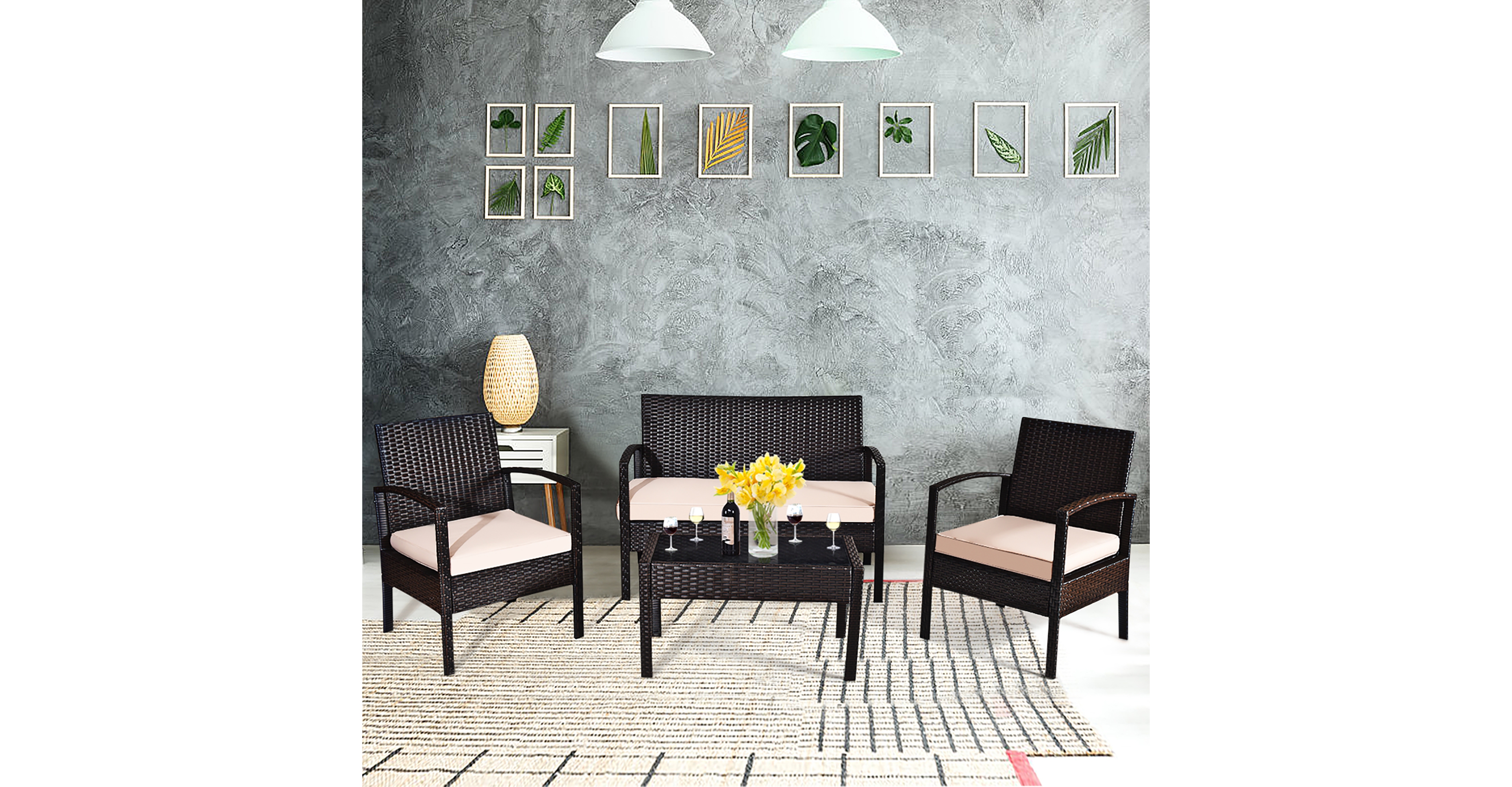 4PCS Patio Rattan Conversation Furniture Set Cushioned Seat Glass