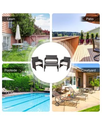 4PCS Patio Rattan Furniture Set Cushioned Chair Sofa Coffee Table