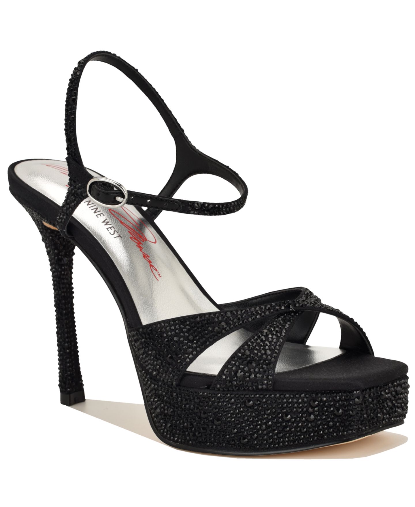 Женские сандалии Nine West x Marilyn Monroe Talent Rhinestone Stiletto Dress Sandals, цвет: Чёрный атласный — фото 1