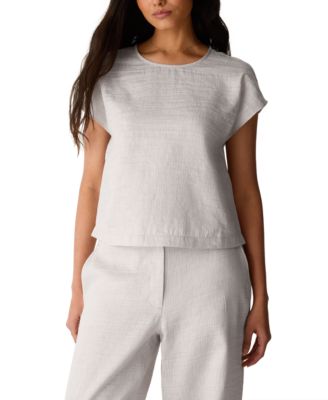 Women's & Plus Size Crinkle Round Neck Striped Square Top