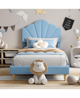 Twin XL Upholstered Bed Frame Height Adjustable Headboard for Kids Wood Slats Metal Frame Easy Build