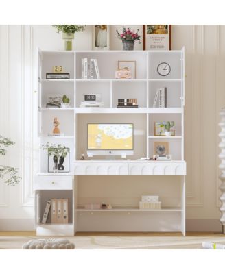 79.1 in. Tall Wood 13-Shelf Standard Bookcase with Writing Desk Table, Glass Door Cabinet,Drawers, French Style