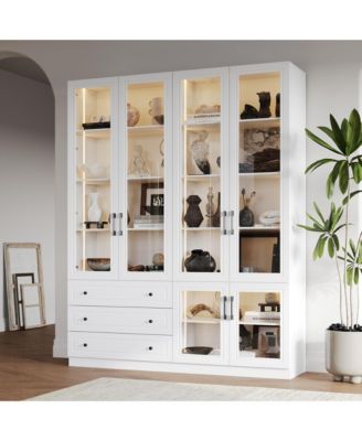 Modern 10-Shelf Accent Bookcase with Glass Doors, LED Lights