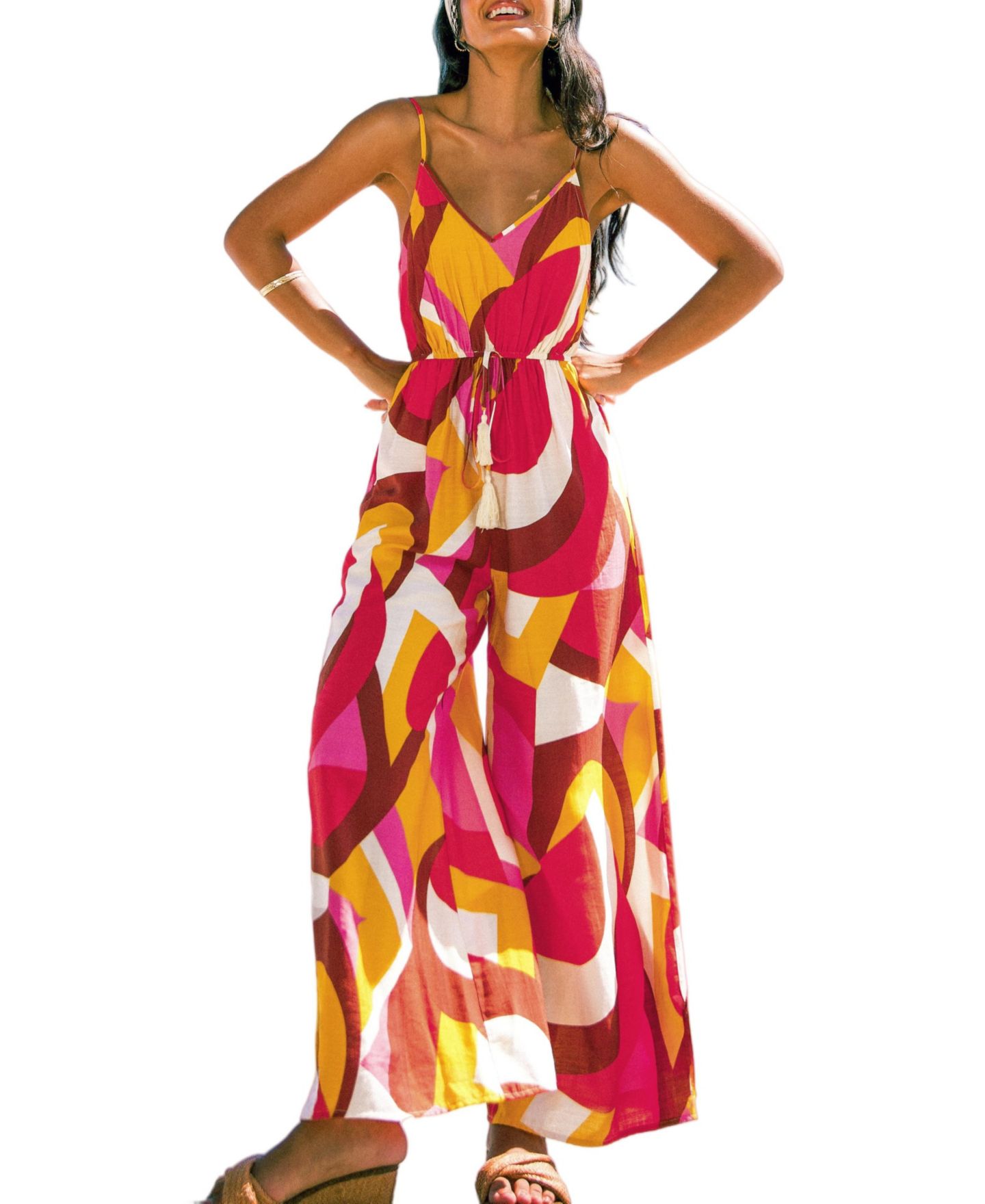 Женский комбинезон Cupshe Printed V-Neck Wide-Leg Jumpsuit, цвет: Open Miscellaneous — фото 1