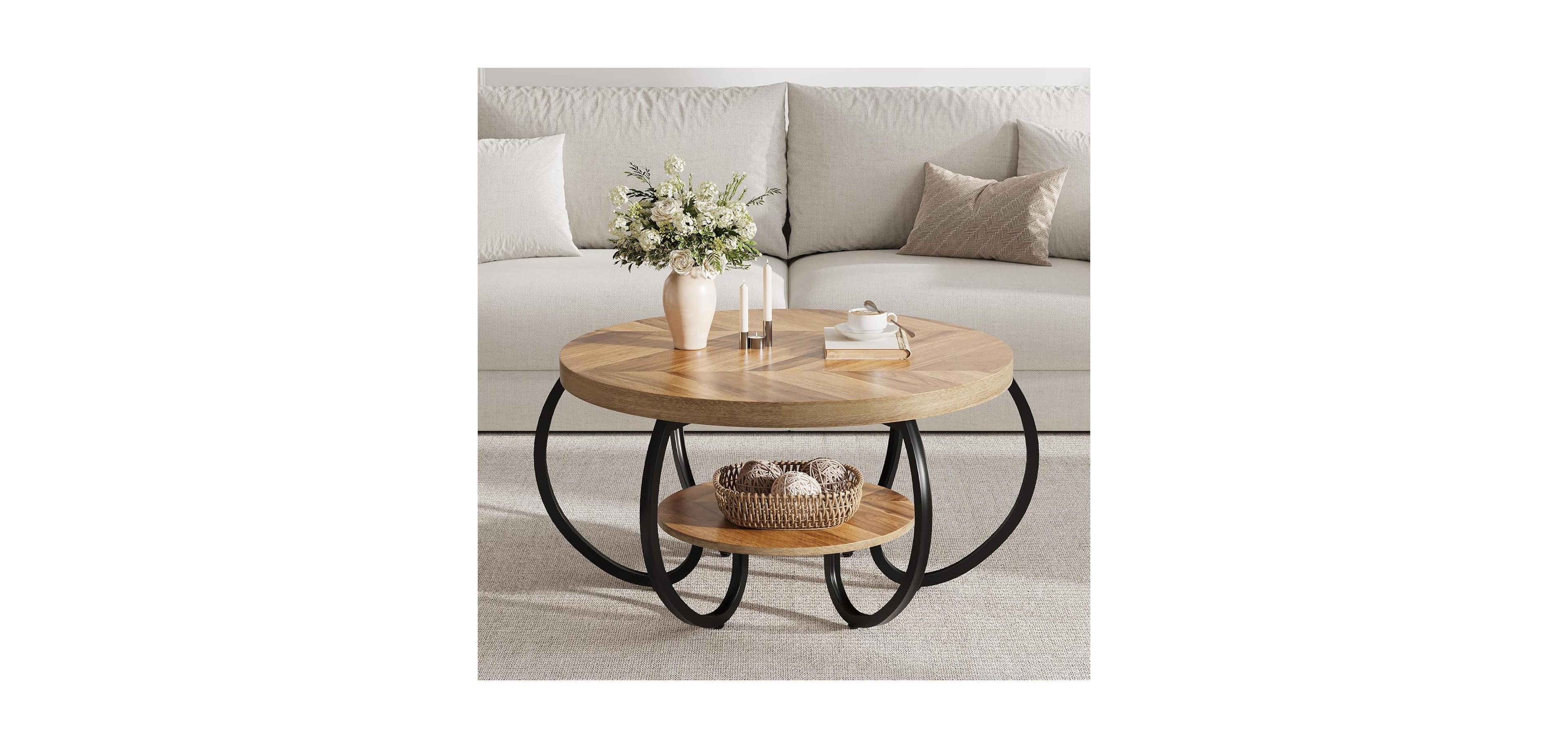 gaomon Round Farmhouse 2-Tier Wood Coffee Table with Storage Shelf and Curved Metal Legs, Oak