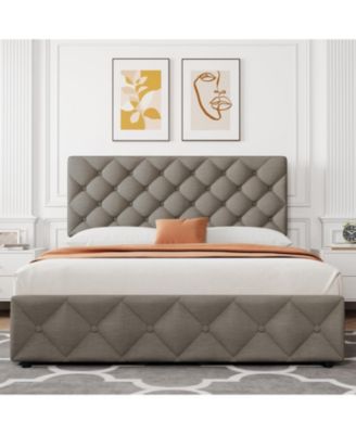  Bed Frame 4 Drawers Adjustable Headboard Linen Upholstered Diamond Tuft No Box Spring