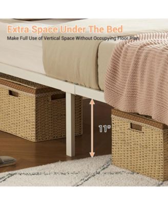 Full Rattan Bed Frame With LED Headboard Metal Platform Storage Rounded Corners Noise Free No Box Spring