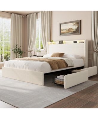Queen Boucle Upholstered Bed Frame with LED Headboard Charging Station and 4 Storage Drawers No Box Spring Needed