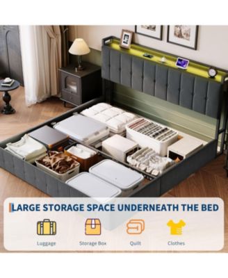 King Lift Up Storage Bed Frame Velvet Upholstered Hydraulic Platform Storage Headboard LED Charging Wood Slats No Box Spring
