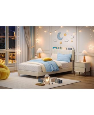 Twin Bed Frame With Bookcase Headboard Upholstered Platform Kids Bed Wooden Slats No Box Spring