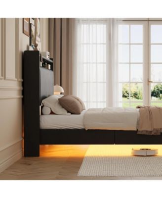 Queen Floating Bed Frame 50 Inch Led Headboard Charging Station Platform Hidden Legs