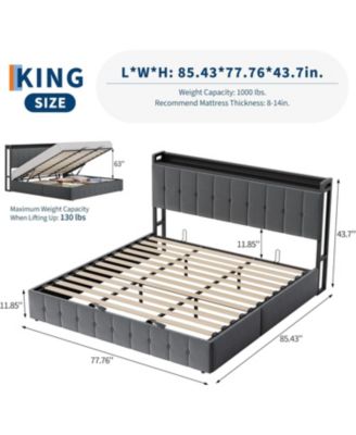 King Hydraulic Lift Up Storage Upholstered Bed Frame Button Headboard Heavy Metal Platform Wood Slats Noise