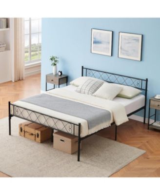 Queen Metal Platform Bed Frame With Headboard Storage Capacity Steel Slats Modern No Box Spring Easy Assembly