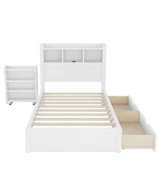 Twin Size Wood Bed with Storage Headboard and Drawers