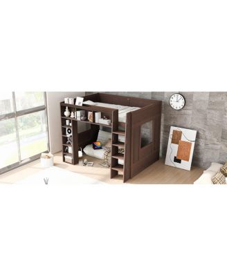 Queen Size Wooden Loft Bed with Storage Cabinets and Shelves