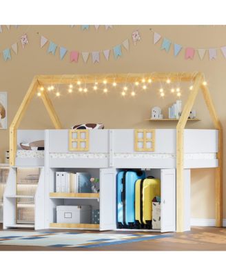  Low loft bed with stairs, shelves, cabinets & LED lights