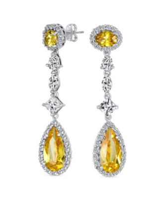 Canary Yellow Royal Green Halo CZ Teardrop Chandelier Earrings Silver Plated
