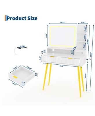 Mid-Century Modern Makeup Vanity Desk with Lighted Mirror, 2 Drawers and Cabinet