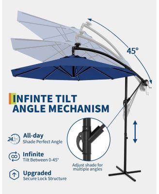 10FT offset patio umbrella with weighted base, 360° rotation and infinite tilt for versatile shade on decks, poolsides, lawns, and backyards.