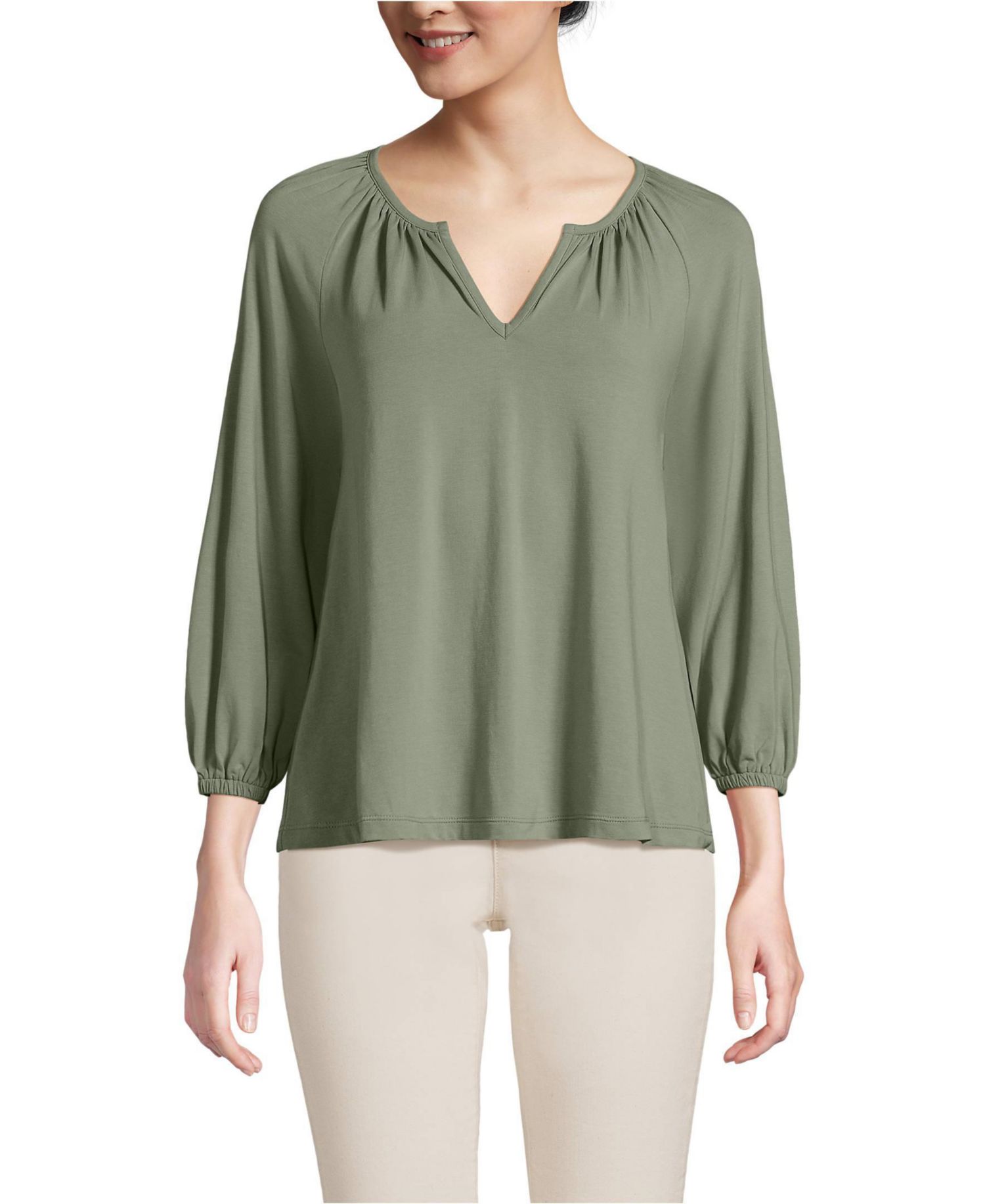 Women's Lightweight Jersey Notch Neck Gather Blouse