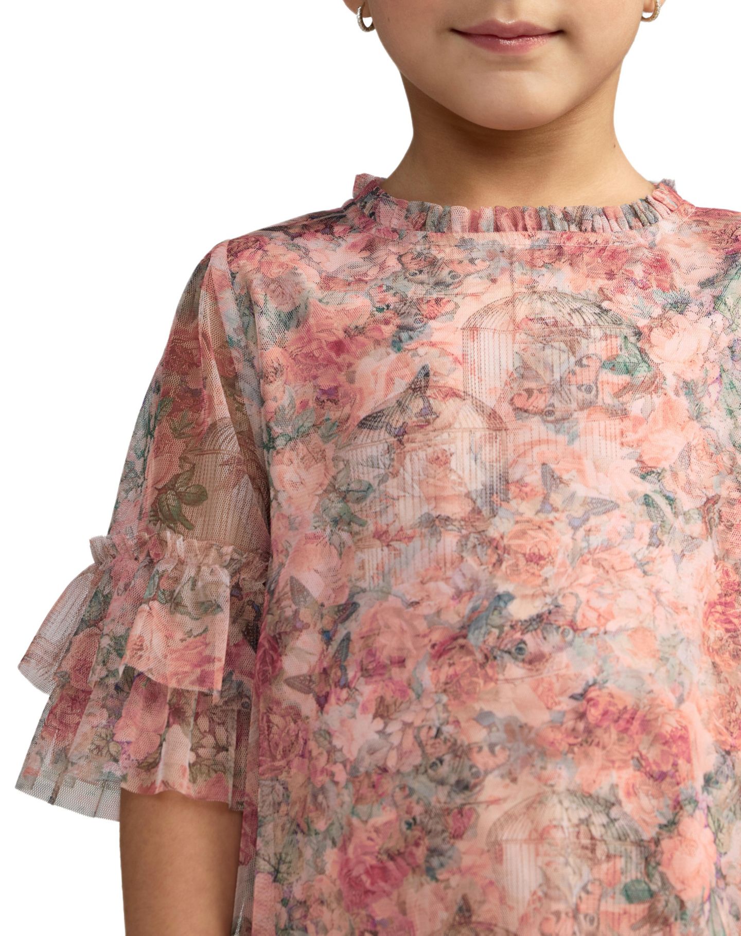 Платье Mac Duggal Floral Printed Short Sleeve Ruffle Dress для девочек, цвет: Розовый разноцветный — фото 3