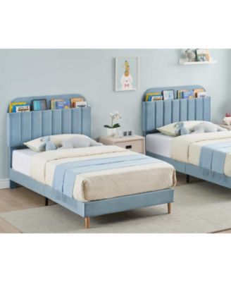 Twin XL Bed Frame Storage Headboard Velvet Upholstered Platform Bed Kids Wood Slats Noise Free