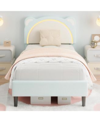 Twin XL Bed Frame Upholstered Platform for Kids Adjustable Headboard LED Light Wood Slats No Box Spring