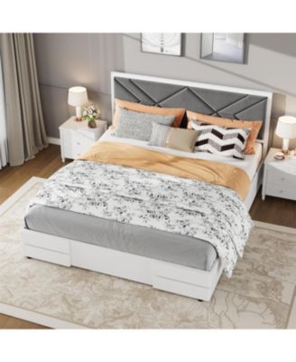 Full Size Upholstered Bed Frame Wooden Platform Upholstered Headboard Wood Slats No Box Spring Easy Assembly