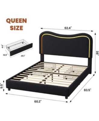 Boucle Queen Bed Frame with 2 Storage Drawers Upholstered Platform LED Headboard Wood Slats No Box Spring